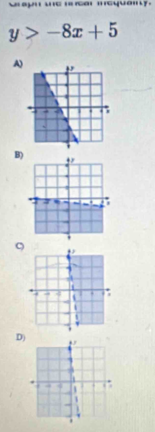 Sapn ue mear mequamy.
y>-8x+5
A) 
B) 
D)