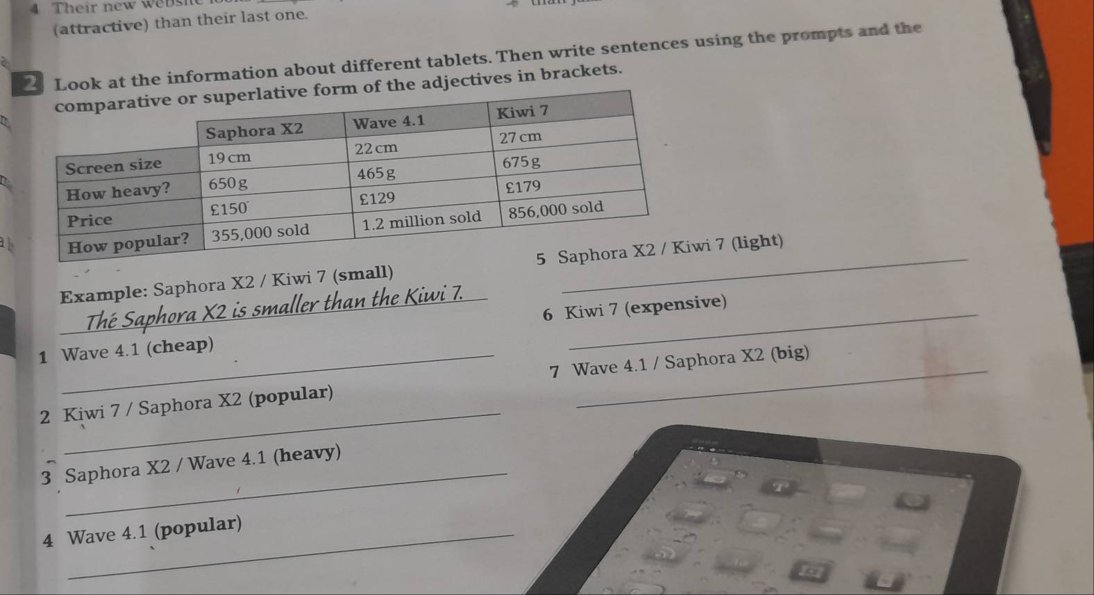 Their new weBsie 
(attractive) than their last one. 
2 Look at the information about different tablets. Then write sentences using the prompts and the 
d 
of the adjectives in brackets. 
a 
Example: Saphora X2 / Kiwi 7 (small) i 7 (light) 
the K iw i 7. 
1 Wave 4.1 (cheap) 6 Kiwi 7 (expensive) 
_ 
2 Kiwi 7 / Saphora X2 (popular) 7 Wave 4.1 / Saphora X2 (big) 
_ 
3 Saphora X2 / Wave 4.1 (heavy) 
4 Wave 4.1 (popular)