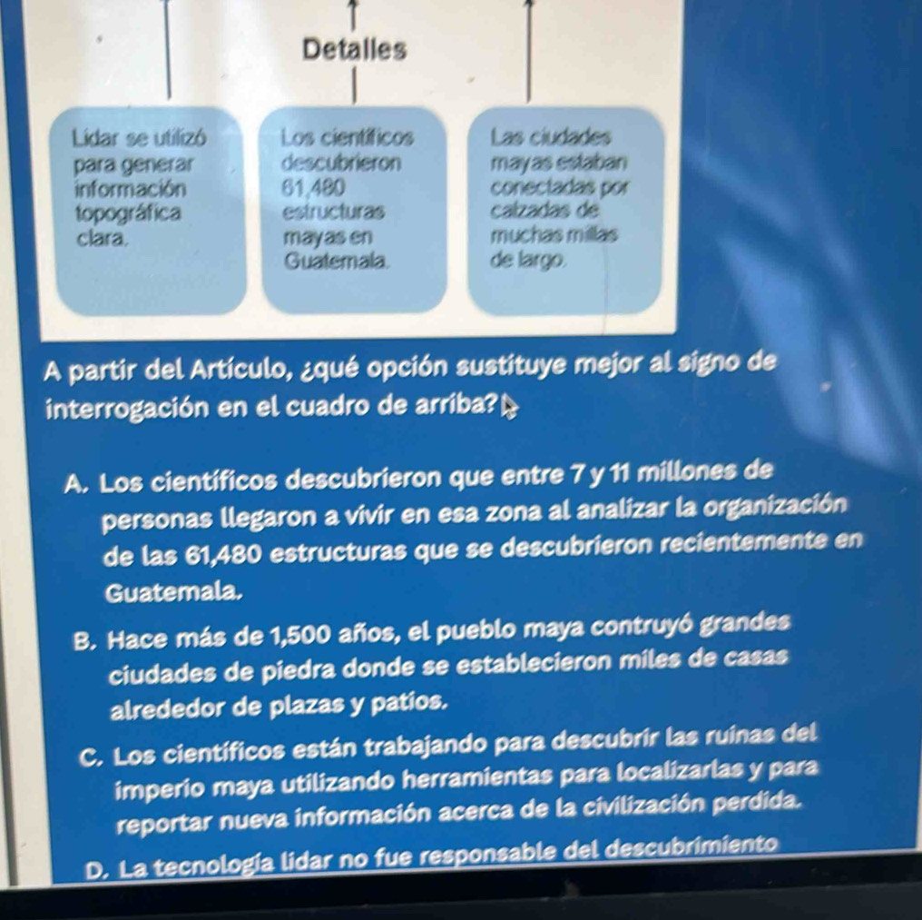Detalles
Lidar se utilizó Los científicos Las ciudades
para generar descubrieron mayas estaban
información 61,480 conectadas por
topográfica estructuras calzadas de
clara. mayas en muchas millas
Guatemala. de largo.
A partir del Artículo, ¿qué opción sustituye mejor al signo de
interrogación en el cuadro de arriba?!
A. Los científicos descubrieron que entre 7 y 11 millones de
personas llegaron a vivir en esa zona al analizar la organización
de las 61,480 estructuras que se descubrieron recientemente en
Guatemala.
B. Hace más de 1,500 años, el pueblo maya contruyó grandes
ciudades de piedra donde se establecieron miles de casas
alrededor de plazas y patios.
C. Los científicos están trabajando para descubrir las ruínas del
imperio maya utilizando herramientas para localizarlas y para
reportar nueva información acerca de la civilización perdida.
D. La tecnología lidar no fue responsable del descubrimiento