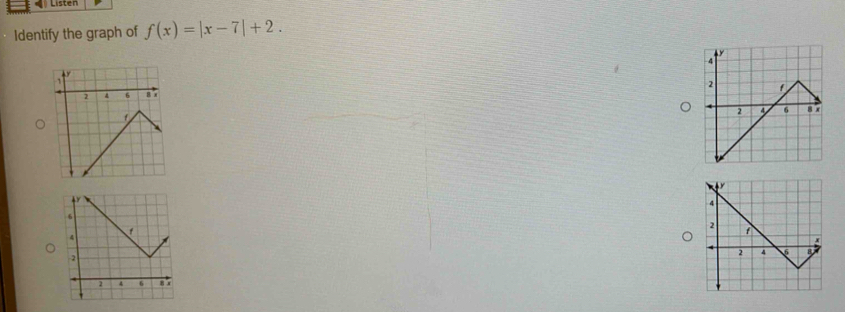 Listen 
Identify the graph of f(x)=|x-7|+2.