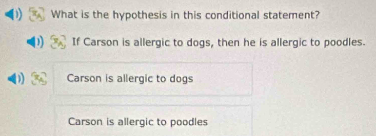 What is the hypothesis in this conditional statement?
If Carson is allergic to dogs, then he is allergic to poodles.
Carson is allergic to dogs
Carson is allergic to poodles