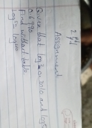 28 
_ 
_ 
Assignment 
Given that log^2=0 3010 and log 5=
0. 6990
Find without table
log 50=log 40