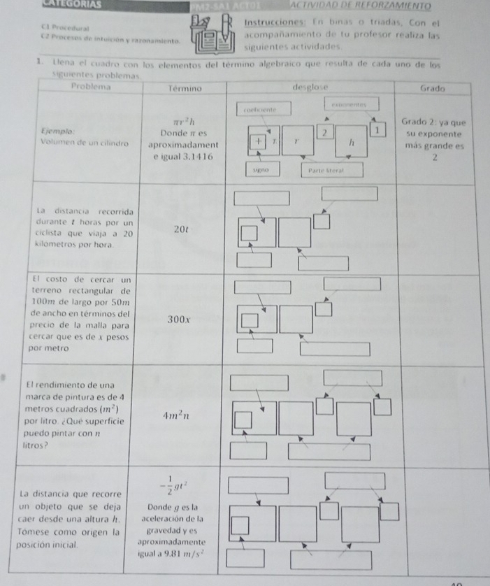 Categorias ACTIVIDAD DE REFORZAMIENTO
C1 Procedural Instrucciones: En binas o triadas, Con el
C2 Procesos de intuición y razonamiento. acompañamiento de tu profesor realiza las
siguientes actividades.
e
s
E
m
m
p
p
li
La
un
ca
T
po