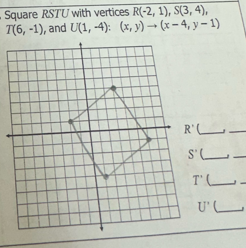 Solved: Square RSTU with vertices R(-2,1),S(3,4), T(6,-1) , and U(1,-4 ...