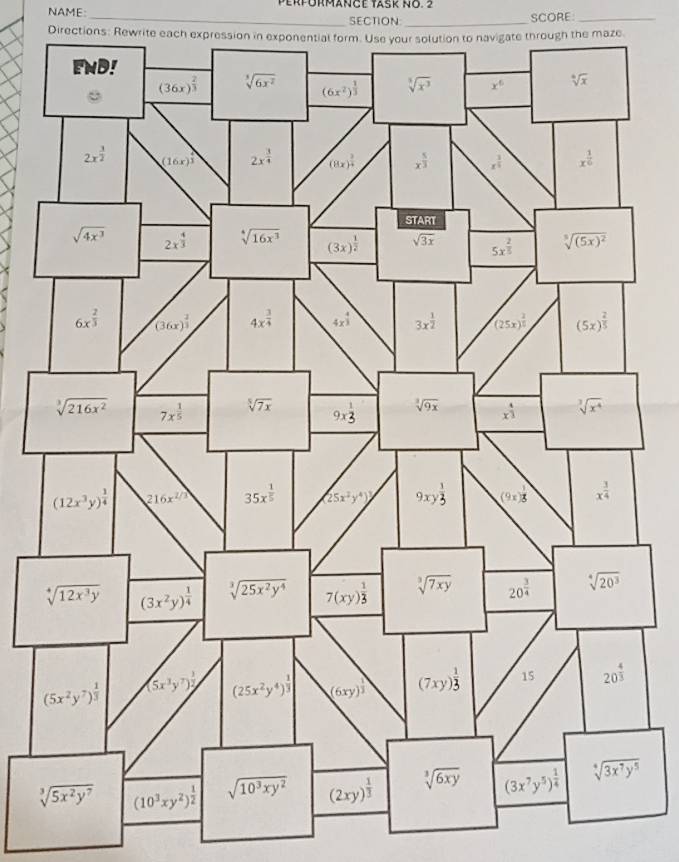 NAME:  PerPrmange task no. 2
_SECTION _SCORE_
Directions: Rewrite each expression in exponential form. Use your solution to navigate through the maze