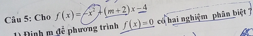 Cho f(x)=-x^2+(m+2)x-4
1) Đinh m đế phương trình f(x)=0 có hai nghiệm phân biệt 7