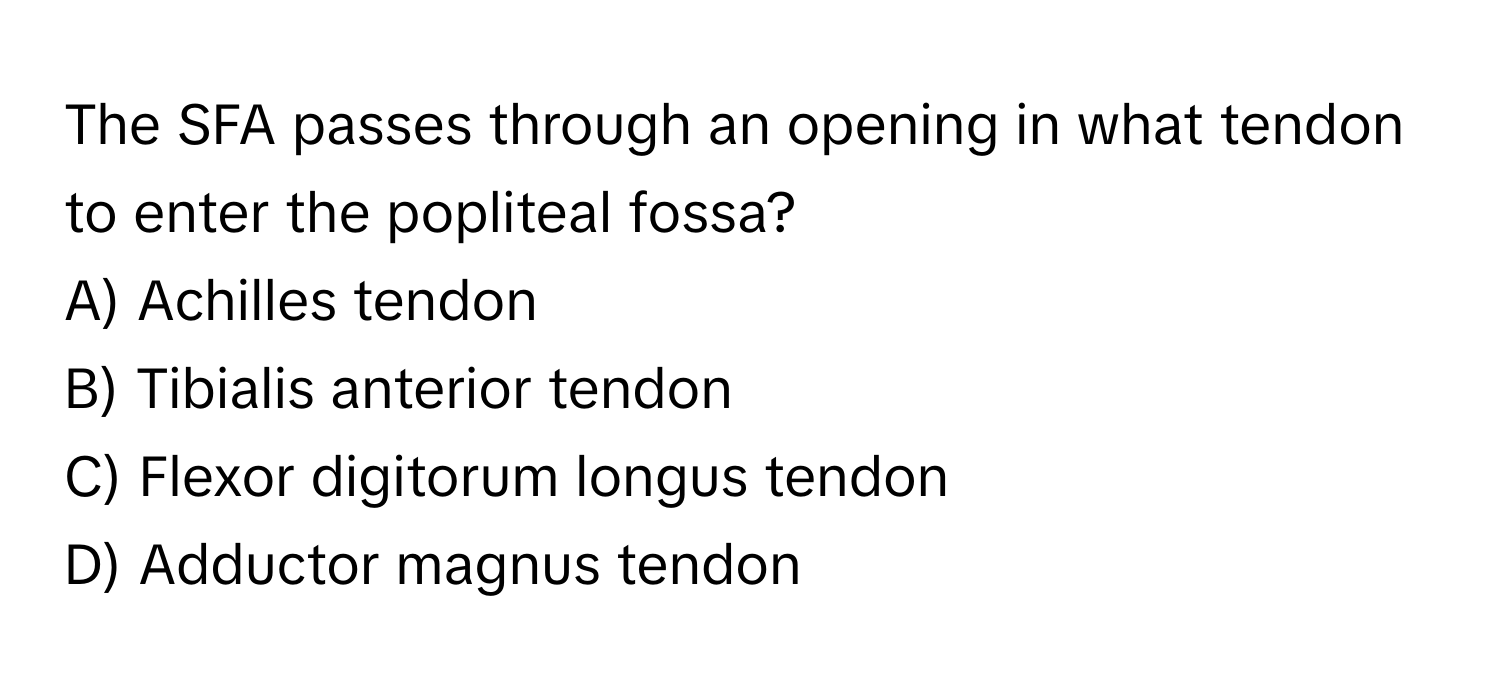 The SFA passes through an opening in what tendon to enter the popliteal fossa? 

A) Achilles tendon 
B) Tibialis anterior tendon 
C) Flexor digitorum longus tendon 
D) Adductor magnus tendon