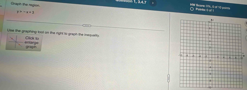 Graph the region. 
e stion 1, 3.4.7 HW Score: 0%, 0 of 10 points
y>-x+3
Points: 0 of 1
Use the graphing tool on the right to graph the inequality. 
Click to 
enlarge 
graph 
to