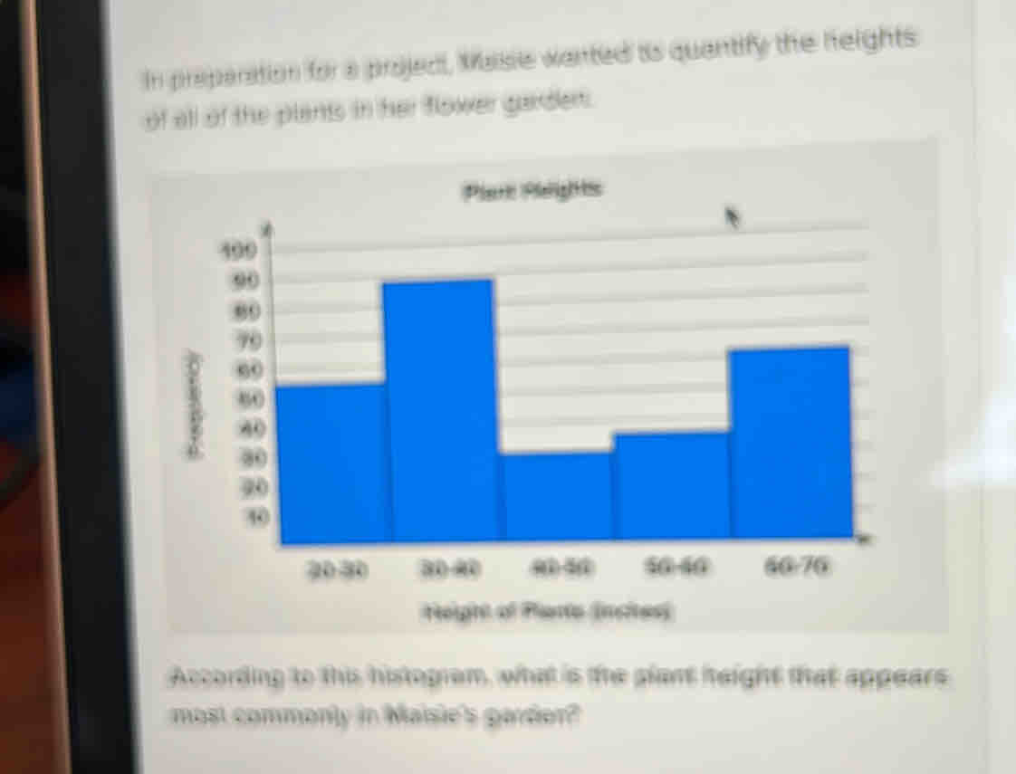 In preparation for a projedi, Masie wanted is quantify the heights 
of al of the plants in her flower gander. 
Height of P 
According to this histogrem, what is the slant teight that appears 
most commonly in Maisie's gardor?