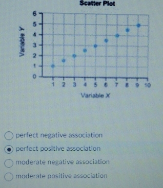 Scatter Plot
perfect negative association
perfect positive association
moderate negative association
moderate positive association