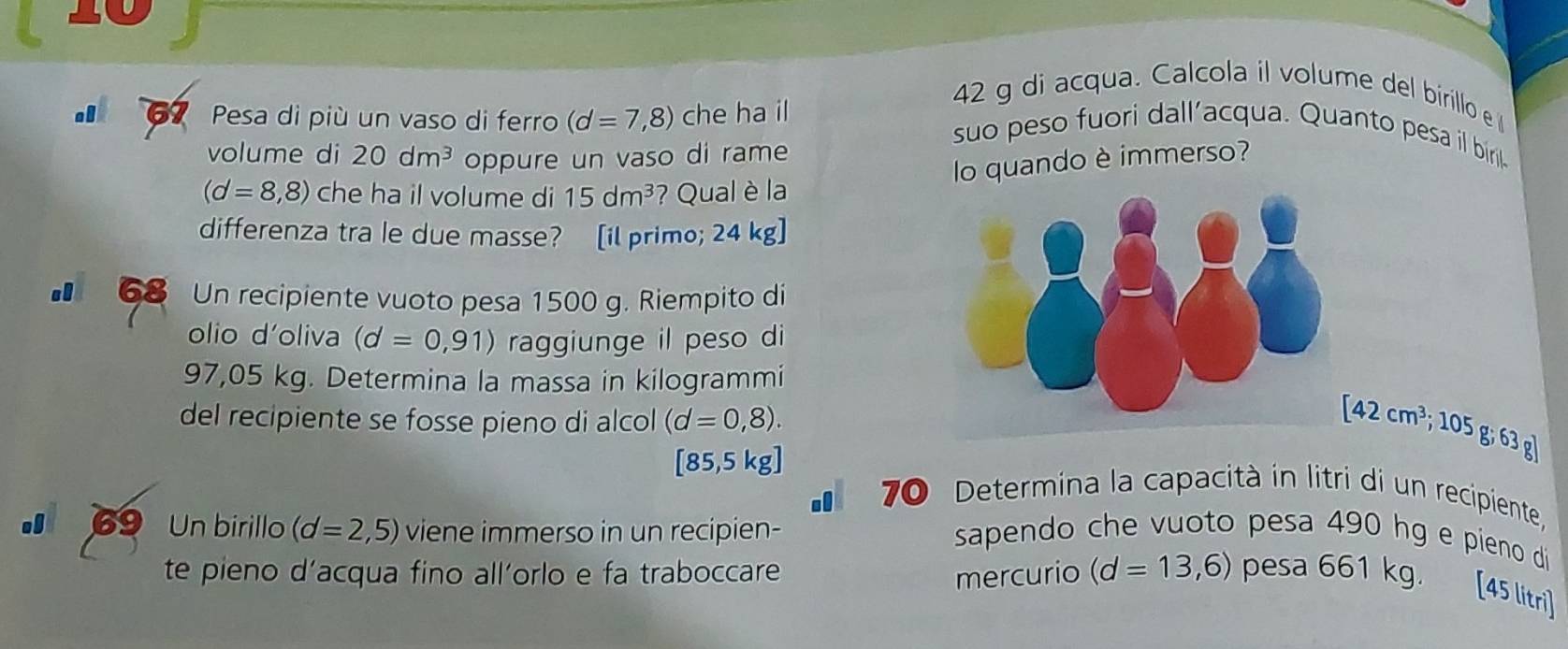 a 6 Pesa di più un vaso di ferro (d=7,8) che ha il
42 g di acqua. Calcola il volume del birillo e 
suo peso fuori dall’acqua. Quanto pesa il biril. 
volume di 20dm^3 oppure un vaso di rame 
lo quando è immerso?
(d=8,8) che ha il volume di 15dm^3 ? Qual è la 
differenza tra le due masse? [il primo; 24 kg ] 
68 Un recipiente vuoto pesa 1500 g. Riempito di 
olio d'oliva (d=0,91) raggiunge il peso di
97,05 kg. Determina la massa in kilogrammi
del recipiente se fosse pieno di alcol (d=0,8).
[85,5kg]
[42cm^3;105g;63g]
70 Determina la capacità in litri di un recipiente, 
69 Un birillo (d=2,5) viene immerso in un recipien- sapendo che vuoto pesa 490 hg e pieno di 
te pieno d’acqua fino all'orlo e fa traboccare mercurio (d=13,6) pesa 661 kg. 
[45 lítri]