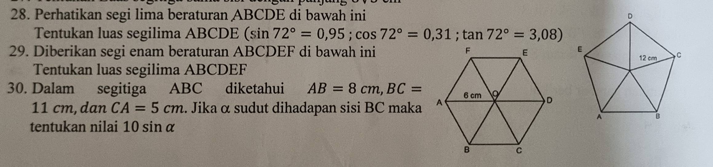 Perhatikan segi lima beraturan ABCDE di bawah ini 
Tentukan luas segilima ABCDE (sin 72°=0,95;cos 72°=0,31;tan 72°=3,08)
29. Diberikan segi enam beraturan ABCDEF di bawah ini 
Tentukan luas segilima ABCDEF
30. Dalam segitiga ABC diketahui AB=8cm, BC=
11 cm,dan CA=5cm. Jika α sudut dihadapan sisi BC maka 
tentukan nilai 10 sin α