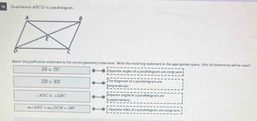 Quadrilateral ABCD is a parallelogram.
Match the justification statement to the correct geometry statement. Write the matching statement in the appropriate space. (Not all statements will be used.)
overline AB≌ overline DC
iOpposite angles of a parallelogram are congruent.
overline DE≌ overline BE
The diagonals of a parallelogram are
perpendicular.
∠ ADC≌ ∠ ABC
Adjacent angles in a parallelogram are
supplementary.
m∠ ADC+m∠ DCB=180°
1 Opposite sides of a parallelogram are congruent. I