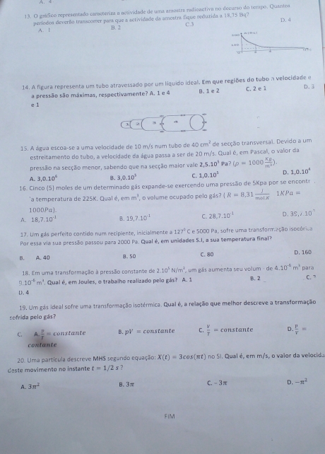 A. 4
13. O gráfico representado caracteriza a actividade de uma amostra radicactiva no decurso do tempo, Quantos
períodos deverão transcorrer para que a actividade da amostra fique reduzida a 18,75 Bq? C.3 D. 4
A. 1 B. 2
14. A figura representa um tubo atravessado por um líquido ideal. Em que regiões do tubo a velocidade e D.3
a pressão são máximas, respectivamente? A. 1 e 4 B. 1 c 2 C. 2 e 1
e 1
1
15. A água escoa-se a uma velocidade de 10 m/s num tubo de 40cm^2 de secção transversai. Devido a um
estreitamento do tubo, a velocidade da água passa a ser de 20 m/s. Qual é, em Pascal, o valor da
pressão na secção menor, sabendo que na secção maior vale 2,5.10^5 Pa? (rho =1000 Kg/m^2 ).
A. 3,0.10^4 B. 3,0.10^5 C. 1,0.10^5 D. 1,0.10^4
16. Cinco (5) moles de um determinado gás expande-se exercendo uma pressão de 5Kpa por se encontr .
'a temperatura de 225K. Qual é, emm^3 , o volume ocupado pelo gás?  R=8,31 J/motK 1KPa=
1000Pa).
A. 18,7.10^(-1) B. 19,7.10^(-1) C. 28,7.10^(-1) D. 3S,/.10^(-1)
17. Um gás perfeito contido num recipiente, inicialmente a 127°C e 5000 Pa, sofre uma transformação isocórica
Por essa via sua pressão passou para 2000 Pa. Qual é, em unidades S.I, a sua temperatura final?
B. A. 40 B. 50 C. 80 D. 160
18. Em uma transformação à pressão constante de 2.10^5N/m^2 , um gás aumenta seu volum · de 4.10^(-6)m^4 para
9. 10^(-5)m^3. Qual é, em Joules, o trabalho realizado pelo gás? A. 1 B. 2 C. 7
D. 4
19. Um gás ideal sofre uma transformação isotérmica. Qual é, a relação que melhor descreve a transformação
sofrida pelo gás?
C.  π /7 = constante B. pV= constante C.  V/T = constante D.  P/v =
contante
20. Uma partícula descreve MHS segundo equação: X(t)=3cos (π t) no Si. Qual é, em m/s, o vaior da velocida
deste movimento no instante t=1/2s ?
A. 3π^2
B. 3π C.- 3π D. -π^2
FIM