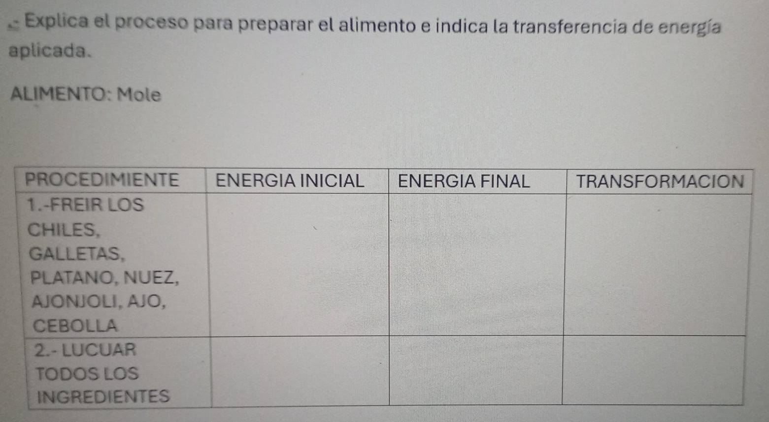 Explica el proceso para preparar el alimento e indica la transferencia de energía 
aplicada. 
ALIMENTO: Mole