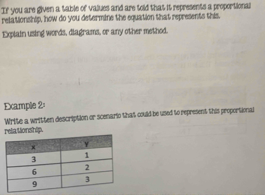 If you are given a table of values and are told that it represents a proportional 
relationship, how do you determine the equation that represents this. 
Explain using words, diagrams, or any other method. 
Example 2: 
Write a written description or scenario that could be used to represent this proportional 
relationship.