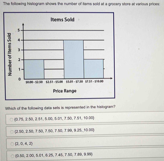 The following histogram shows the number of items sold at a grocery store at various prices:
:
Price Range
Which of the following data sets is represented in the histogram?
 0.75,2.50,2.51,5.00,5.01,7.50,7.51,10.00
 2.50,2.50,7.50,7.50,7.50,7.99,9.25,10.00
 2,0,4,2
 0.50,2.00,5.01,6.25,7.45,7.50,7.89,9.99