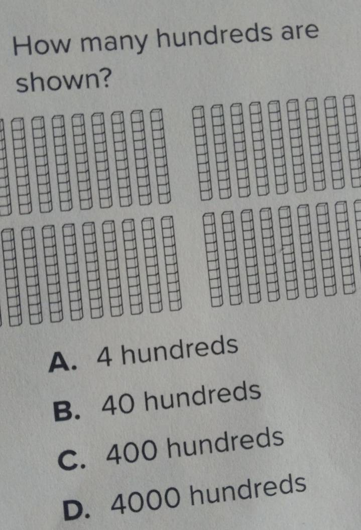 Solved: How many hundreds are shown? A. 4 hundreds B. 40 hundreds C ...