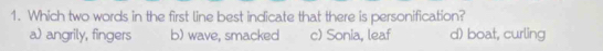 Which two words in the first line best indicate that there is personification?
a) angrily, fingers b) wave, smacked c) Sonia, leaf d) boat, curling