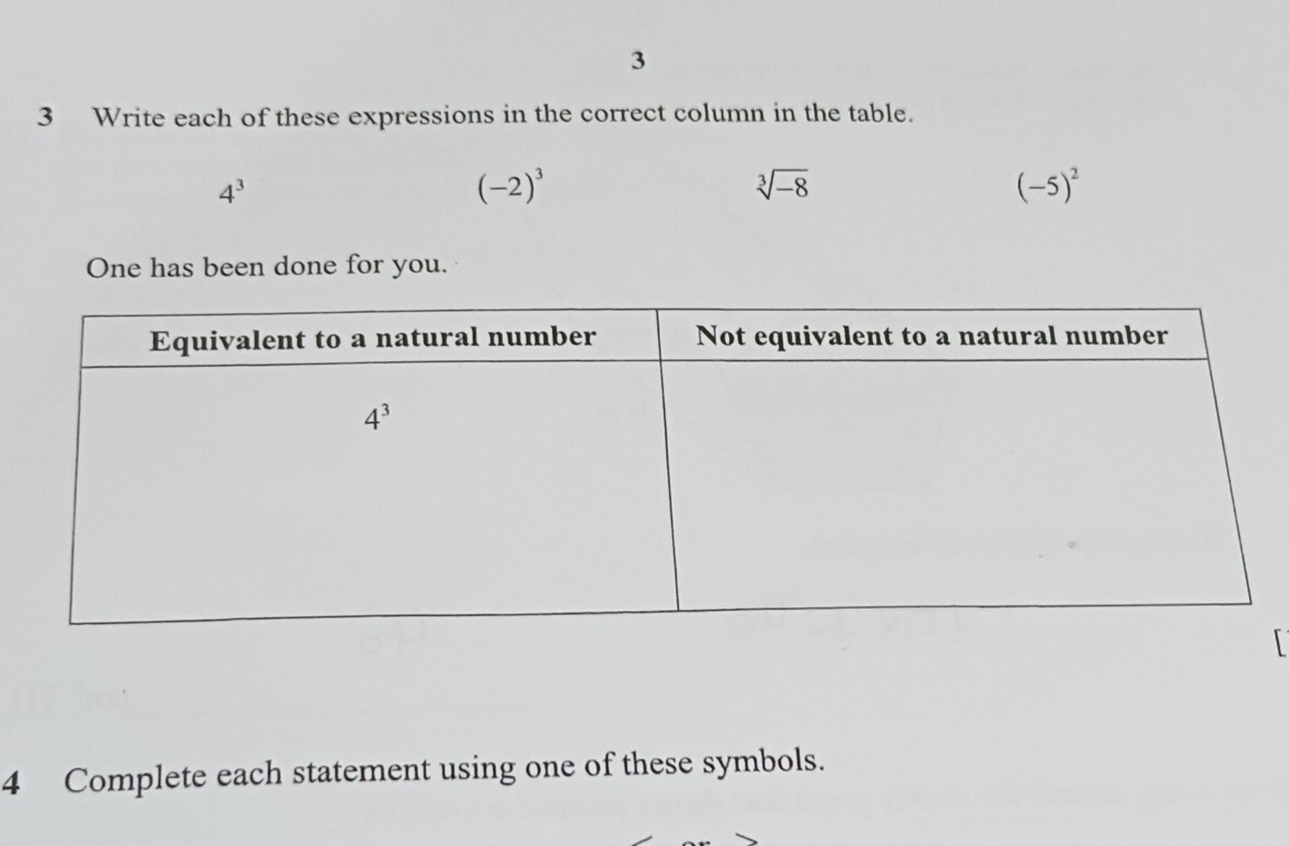 3
3 Write each of these expressions in the correct column in the table.
4^3
(-2)^3
sqrt[3](-8)
(-5)^2
One has been done for you.
4 Complete each statement using one of these symbols.