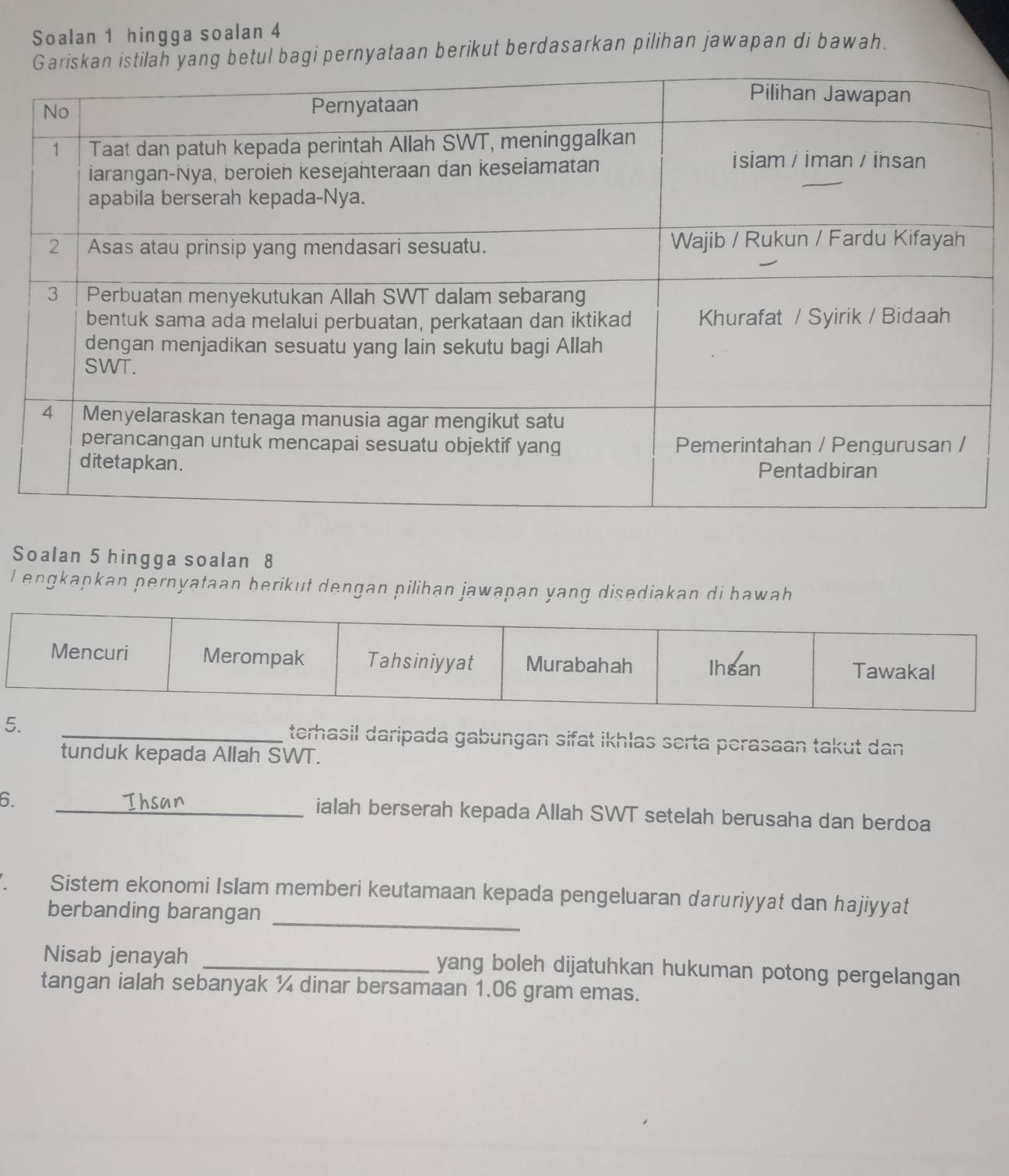 Soalan 1 hingga soalan 4 
etul bagi pernyataan berikut berdasarkan pilihan jawapan di bawah. 
Soalan 5 hingga soalan 8
I engkapkan pernyataan berikut dengan pilihan jawapan yang disediakan di bawah 
5. _terhasil daripada gabungan sifat ikhlas serta perasaan takut dan 
tunduk kepada Allah SWT. 
6. _ialah berserah kepada Allah SWT setelah berusaha dan berdoa 
_ 
Sistem ekonomi Islam memberi keutamaan kepada pengeluaran daruriyyat dan hajiyyat 
berbanding barangan 
Nisab jenayah _yang boleh dijatuhkan hukuman potong pergelangan 
tangan ialah sebanyak ¼ dinar bersamaan 1.06 gram emas.