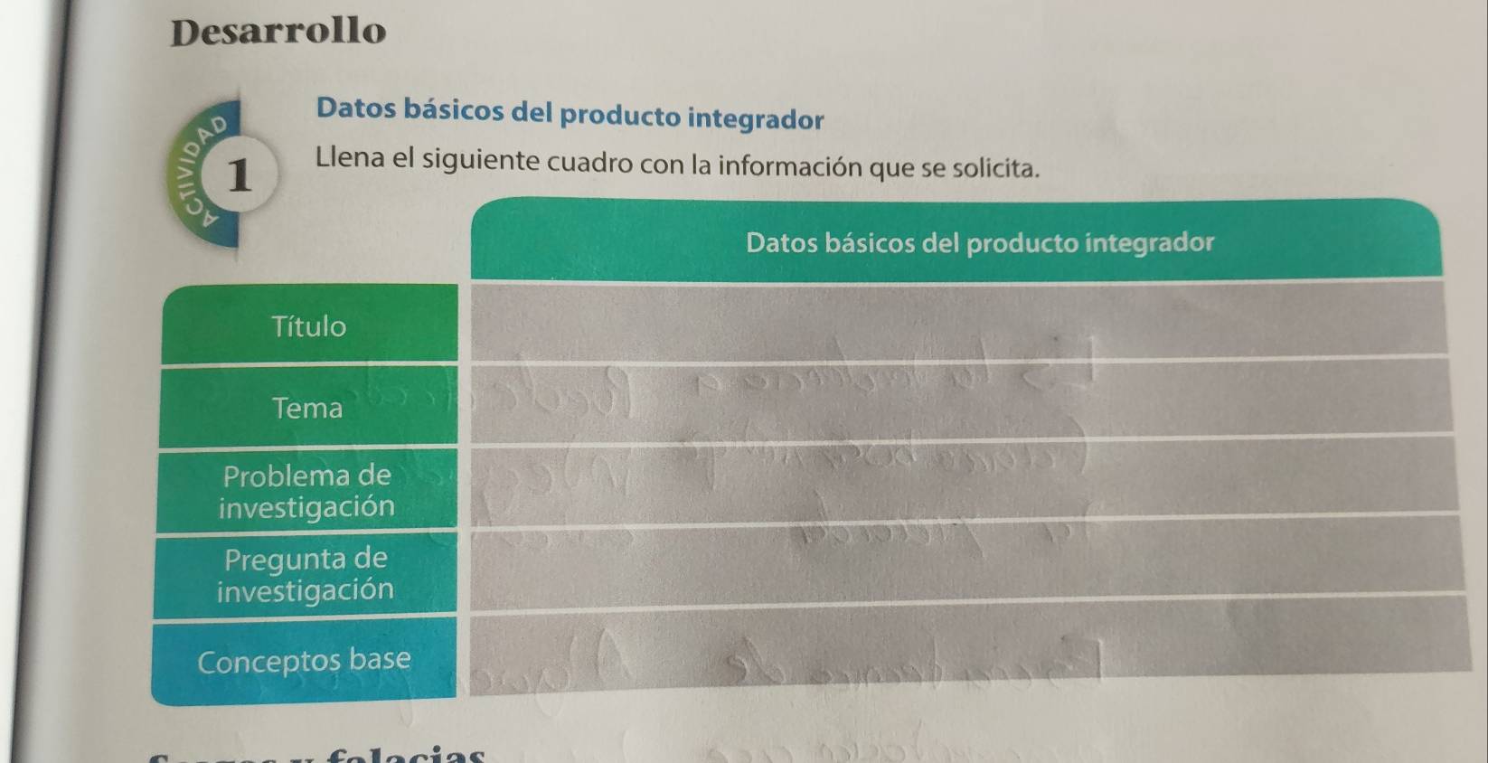 Desarrollo 
D 
Datos básicos del producto integrador 
Llena el siguiente cuadro con la información que se solicita.