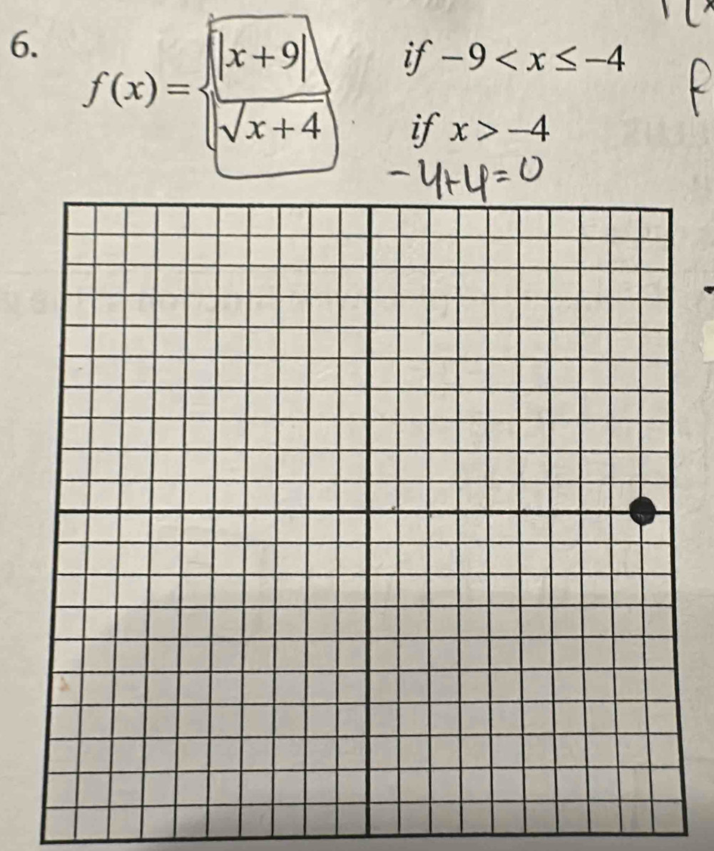 if -9
6. f(x)=beginarrayl |x+9| sqrt(x+4)endarray. if
x>-4