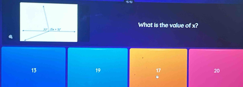 15/52
What is the value of x?
13
19
17
20