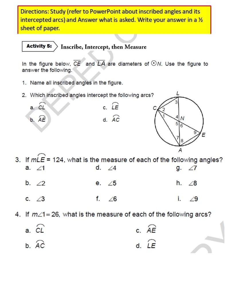 Solved: Directions: Study (refer to PowerPoint about inscribed angles ...