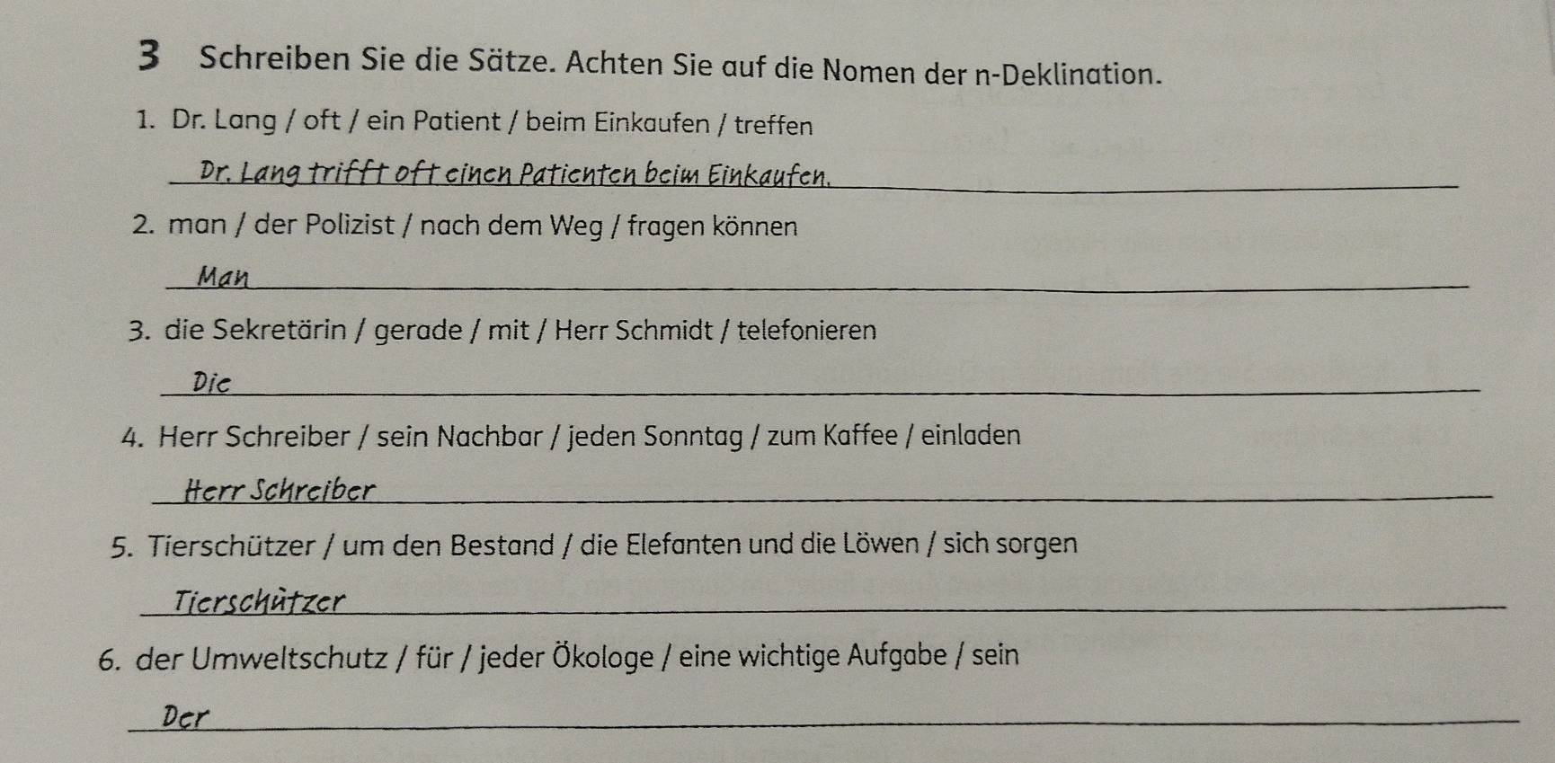 Schreiben Sie die Sätze. Achten Sie auf die Nomen der n-Deklination. 
1. Dr. Lang / oft / ein Patient / beim Einkaufen / treffen 
_ 
2. man / der Polizist / nach dem Weg / fragen können 
_ 
3. die Sekretärin / gerade / mit / Herr Schmidt / telefonieren 
_ 
4. Herr Schreiber / sein Nachbar / jeden Sonntag / zum Kaffee / einladen 
_eiber 
5. Tierschützer / um den Bestand / die Elefanten und die Löwen / sich sorgen 
_Tierschützer 
6. der Umweltschutz / für / jeder Ökologe / eine wichtige Aufgabe / sein 
_