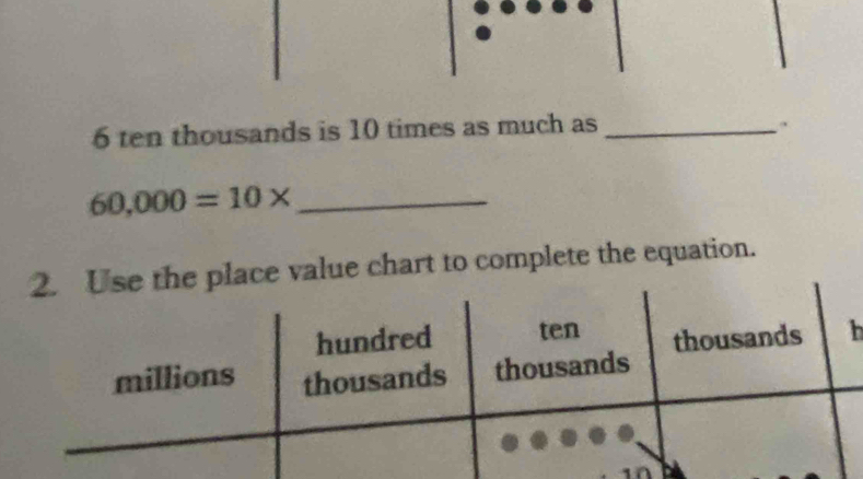 ten thousands is 10 times as much as_
60,000=10* _ 
ce value chart to complete the equation. 
h