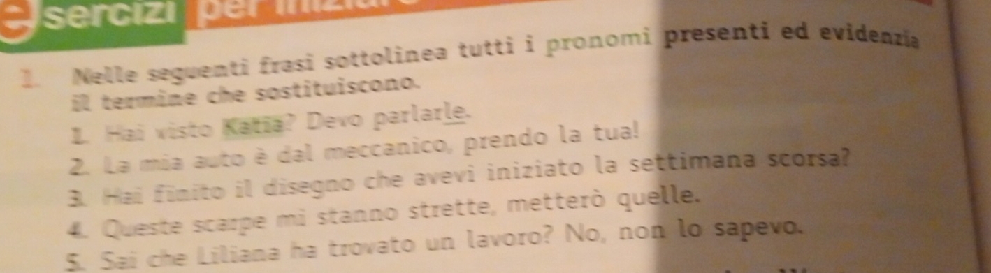 Asercizi 
1. Nelle seguenti frasi sottolinea tutti i pronomi presenti ed evidenza 
il termine che sostituiscono. 
1. Hai visto Katia? Devo parlarle. 
2. La mia auto è dal meccanico, prendo la tua! 
3. Hai finito il disegno che avevi iniziato la settimana scorsa? 
4. Queste scarpe mi stanno strette, metterò quelle. 
5. Sai che Liliana ha trovato un lavoro? No, non lo sapevo.