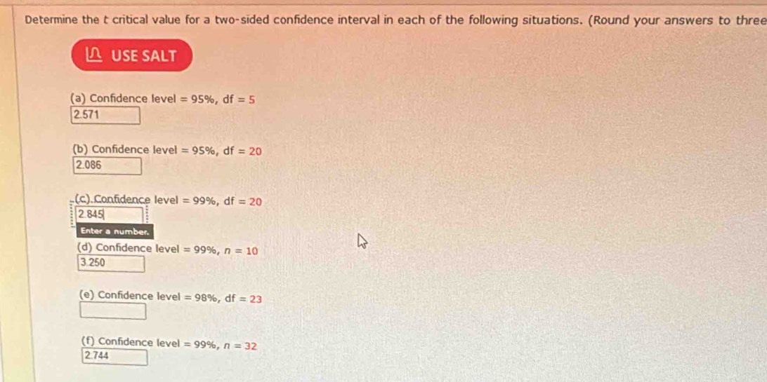 Determine the t critical value for a two-sided confidence interval in each of the following situations. (Round your answers to three
L USE SALT
(a) Confidence level =95% , d f=5
2.571
(b) Confidence level =95% , df=20
2.086
(c).Confidence level =99% , df=20
2.845
Enter a number.
(d) Confidence level =99% , n=10
3.250
(e) Confidence level =98% , df=23
(f) Confidence level =99% , n=32
2.744