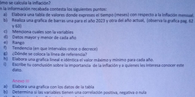 ómo se calcula la inflación? 
En la información recabada contesta los siguientes puntos: 
a) Elabora una tabla de valores donde expreses el tiempo (meses) con respecto a la inflación mensual, 
b) Realliza una grafica de barras una para el año 2023 y otra del año actual, (observa la grafica pag. 62 
y 63) 
c) Menciona cuales son la variables 
d) Datos mayor y menor de cada año 
e) Rango 
f) Tendencia (en que intervalos crece o decrece) 
g) ¿Dónde se coloca la línea de referencia? 
h) Elabora una grafica lineal e idéntica el valor máximo y mínimo para cada año. 
i) Escribe tu conclusión sobre la importancia de la inflación y a quienes les interesa conocer este 
dato. 
Anexo III 
a) Ellabora una grafica con los datos de la tabla 
b) Determina si las variables tienen una correlación positiva, negativa o nula