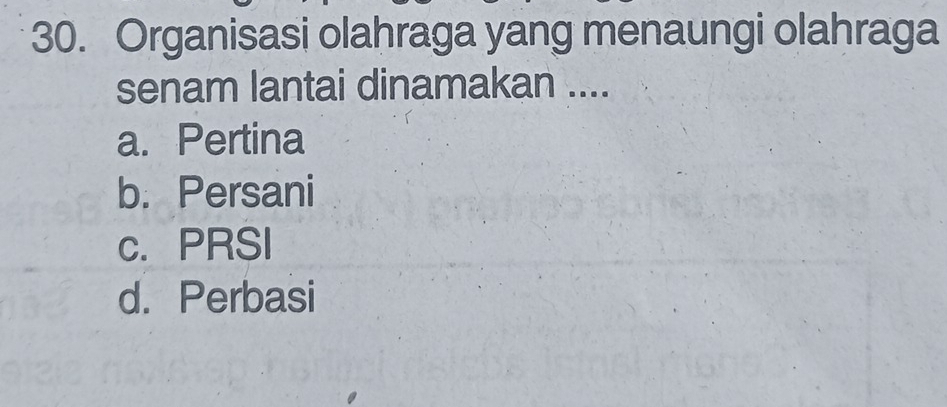 Organisasi olahraga yang menaungi olahraga
senam lantai dinamakan ....
a. Pertina
b. Persani
c. PRSI
d. Perbasi