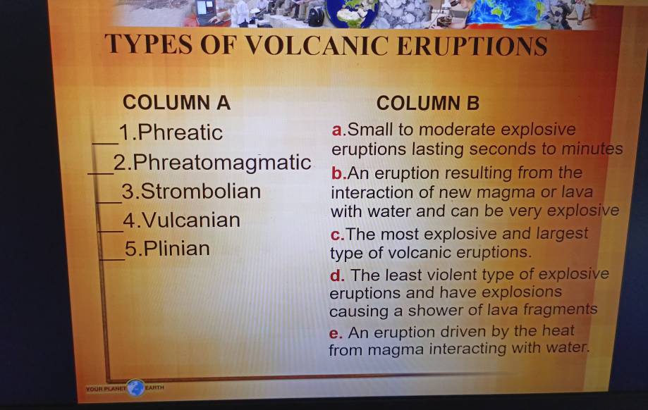 TYPES OF VOLCANIC ERUPTIONS
COLUMN A COLUMN B
_
1.Phreatic a.Small to moderate explosive
eruptions lasting seconds to minutes
_2.Phreatomagmatic b.An eruption resulting from the
_
3.Strombolian interaction of new magma or lava
4.Vulcanian
with water and can be very explosive
_
c.The most explosive and largest
_
5.Plinian
type of volcanic eruptions.
d. The least violent type of explosive
eruptions and have explosions
causing a shower of lava fragments
e. An eruption driven by the heat
from magma interacting with water.
EARTH