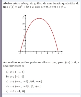 Abaixo está o esboço do gráfico de uma função quadrática do
tipo f(x)=ax^2+bx+c , com a!= 0, b!= 0 e c!= 0. 
Ao analisar o gráfico podemos afirmar que, para f(x)>0, x
deve pertencer a:
a) x∈ (-1,6)
b) x∈ [-1,6]
c) x∈ (-∈fty ,-1)∪ (6,+∈fty )
d) x∈ (-∈fty ,-1]∪ [6,+∈fty )
e) x∈  -1,6