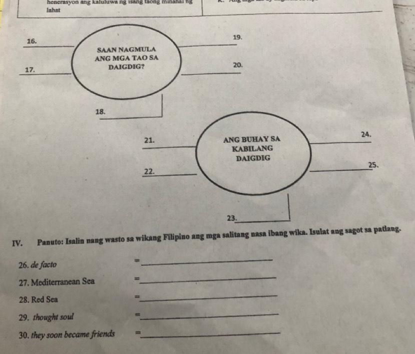 henerasyon ang kaluluwa ng isang taong minahai ng 
lahat 
IV. Panuto: Isalin nang wasto sa wikang Filipino ang mga salitang nasa ibang wika. Isulat ang sagot sa patl 
26. de facto 
= 
_ 
27. Mediterranean Sea = 
_ 
28. Red Sea 
_ 
= 
29. thought soul 
_ 
= 
30. they soon became friends = 
_