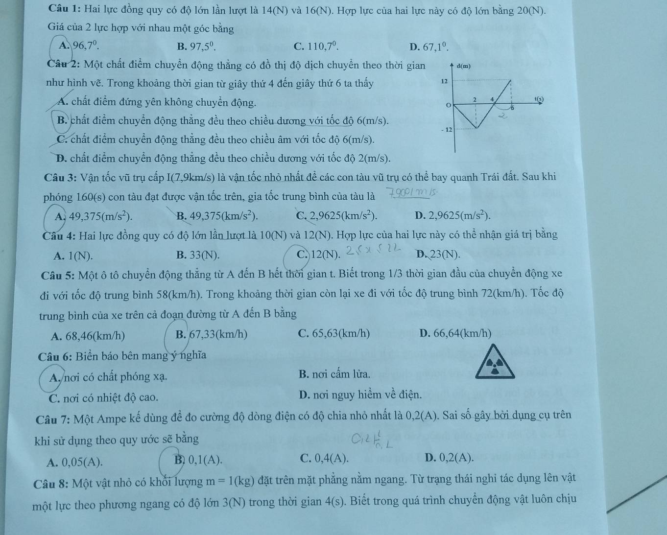 Hai lực đồng quy có độ lớn lần lượt là 14(N) và 16(N) 0. Hợp lực của hai lực này có độ lớn bằng 20(N).
Giá của 2 lực hợp với nhau một góc bằng
A. 96,7^0. B. 97,5^0. C. 110,7^0. D. 67,1^0.
Câu 2: Một chất điểm chuyển động thằng có đồ thị độ dịch chuyển theo thời gian d(n a )
như hình vẽ. Trong khoảng thời gian từ giây thứ 4 đến giây thứ 6 ta thấy
12
A. chất điểm đứng yên không chuyển động. o 2 4 t(5)
5
B. chất điểm chuyển động thẳng đều theo chiều dương với tốc độ 6(m/s).
- 12
C. chất điểm chuyển động thẳng đều theo chiều âm với tốc độ 6(m/s).
D. chất điểm chuyển động thẳng đều theo chiều dương với tốc độ 2(m/s).
Câu 3: Vận tốc vũ trụ cấp I(7,9km/s) là vận tốc nhỏ nhất để các con tàu vũ trụ có thể bay quanh Trái đất. Sau khi
phóng 160(s) con tàu đạt được vận tốc trên, gia tốc trung bình của tàu là
A. 49,375(m/s^2). B. 49,375(km/s^2). C. 2,9625(km/s^2). D. 2,9625(m/s^2).
Câu 4: Hai lực đồng quy có độ lớn lần lượt là 10(N) và 12(N). Hợp lực của hai lực này có thể nhận giá trị bằng
A. 1(N). B. 33(N). C.)12(N). D. 23(N).
Câu 5: Một ô tô chuyển động thẳng từ A đến B hết thời gian t. Biết trong 1/3 thời gian đầu của chuyển động xe
đi với tốc độ trung bình 58(km/h). Trong khoảng thời gian còn lại xe đi với tốc độ trung bình 72(km/h). Tốc độ
trung bình của xe trên cả đoạn đường từ A đến B bằng
A. 68,46(km/h) B. 67,33(km/h) C. 65,63(km/h) D. 66,64(km/h)
Câu 6: Biển báo bên mang ý nghĩa
A nơi có chất phóng xạ. B. nơi cấm lửa.
C. nơi có nhiệt độ cao. D. nơi nguy hiểm về điện.
Câu 7: Một Ampe kế dùng để đo cường độ dòng điện có độ chia nhỏ nhất là 0,2(A). Sai số gây bởi dụng cụ trên
khi sử dụng theo quy ước sẽ bằng
A. 0,05(A). 0,1(A). C. 0,4(A). D. 0,2(A).
B)
Câu 8: Một vật nhỏ có khổi lượng m=1(kg) đặt trên mặt phẳng nằm ngang. Từ trạng thái nghỉ tác dụng lên vật
một lực theo phương ngang có độ lớn 3(N) trong thời gian 4(s). Biết trong quá trình chuyển động vật luôn chịu