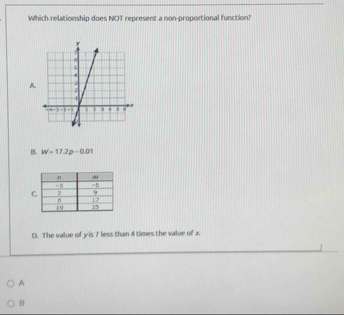 Which relationship does NOT represent a non-proportional function?
A.
B. W=17.2p-0.01
C
D. The value of y is 7 less than 4 times the value of x.
A
B