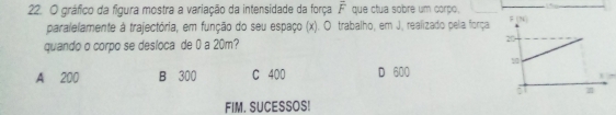 gráfico da figura mostra a variação da intensidade da força overline F que ctua sobre um corpo.
paralelamente à trajectória, em função do seu espaço (x). O trabalho, em J, realizado pela força 
quando o corpo se desloca de 0 a 20m?
A 200 B 300 C 400 D 600
FIM. SUCESSOS!