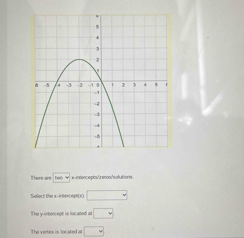 There are two x-intercepts/zeros/solutions.
Select the x-intercept(s). □ vee 
The y-intercept is located at □.
The vertex is located at □.