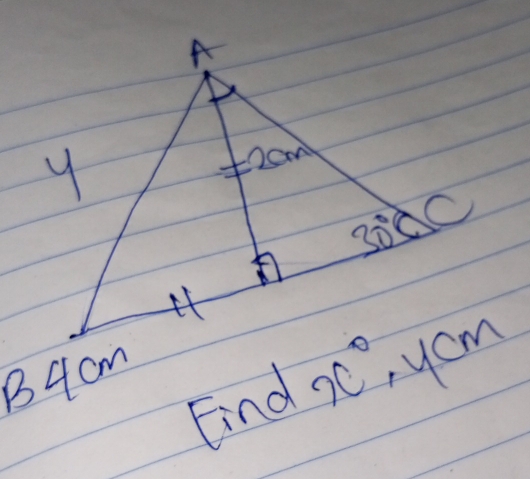 A
9
C) 
sqrt(8)
30° ck
it
B4cm
Fnd x° yom