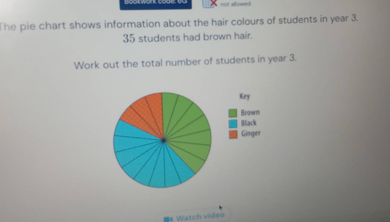 Bookwork Code: bu not allowed 
The pie chart shows information about the hair colours of students in year 3.
35 students had brown hair. 
Work out the total number of students in year 3. 
Key 
Brown 
Black 
Ginger 
4 Watch video