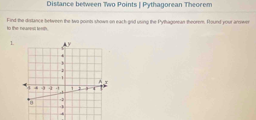 Distance between Two Points | Pythagorean Theorem 
Find the distance between the two points shown on each grid using the Pythagorean theorem. Round your answer 
to the nearest tenth. 
1.