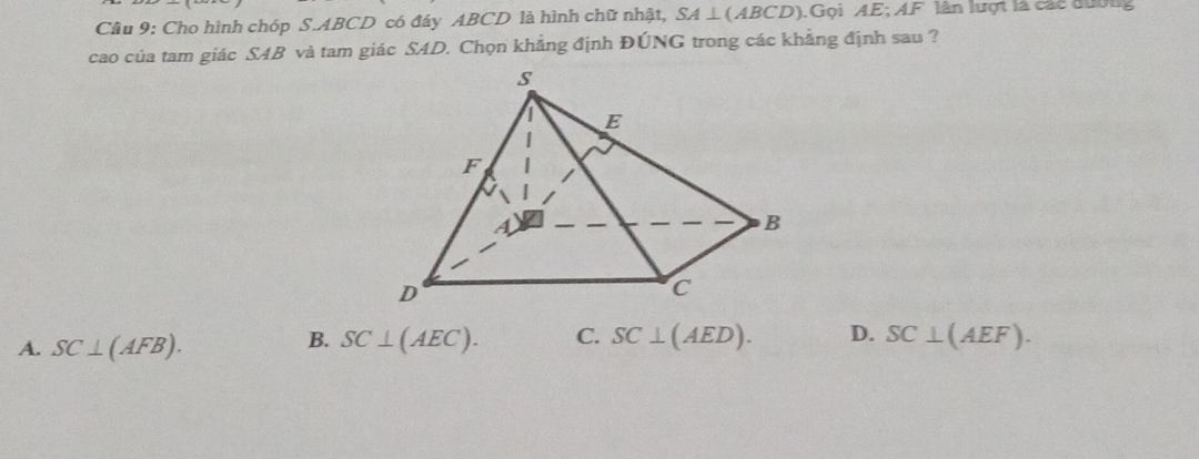 Cho hình chóp S. ABCD có đáy ABCD là hình chữ nhật, SA⊥ (ABCD).Gọi AE; AF lân lượt là các đượng
cao của tam giác S4B và tam giác S4D. Chọn khẳng định ĐÚNG trong các khẳng định sau ?
A. SC⊥ (AFB).
B. SC⊥ (AEC). C. SC⊥ (AED). D. SC⊥ (AEF).