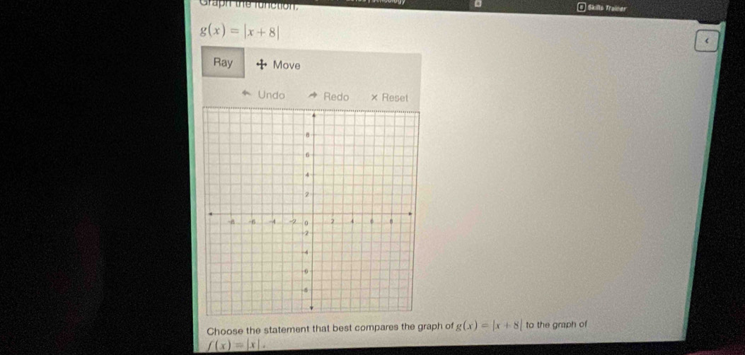 Graph the function.
I Skills Trainer
g(x)=|x+8|
Ray Move
Undo Redo × Reset
Choose the statement that best compares the graph of g(x)=|x+8| to the graph of
f(x)=|x|.