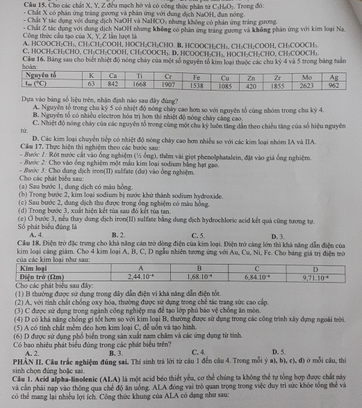 Câu 15, Cho các chất X, Y, Z đều mạch hở và có công thức phân từ C_3H_6O_2
- Chất X có phản ứng tráng gương và phản ứng với dung dịch NaOH, đun nóng. , Trong đó:
- Chất Y tác dụng với dung dịch NaOH và Na HCO_3 nhưng không có phản ứng tráng gương.
- Chất Z tác dụng với dung dịch NaOH nhưng không có phản ứng tráng gương và không phản ứng với kim loại Na.
Công thức cầu tạo của X, Y, Z lần lượt là
A. HCOOCH_2CH_3,CH_2COOH,HOCH_2CH_2CHO.B.HCOOCH_2CH_3,CH_2COOH,CH_3COOCH_3.
C. HOCH_2CH_2CHO,CH_3CH_2COOH,CH_3COOCH_3,HCOOCH_2CH_3,HOCH_2CH_2CH_3COOCH_3.
Câu 16. Bảng sau cho biết nhiệt độ nóng chảy của một số nguyên tổ kim loại thuộc các chu kỷ 4 và 5 trong bảng tuần
Dựa vào bảng số liệu trên, nhận định nào sau đây đúng?
A. Nguyên tổ trong chu kỳ 5 có nhiệt độ nóng chảy cao hơn so với nguyên tổ cùng nhóm trong chu kỳ 4.
B. Nguyên tổ có nhiều electron hóa trị hơn thì nhiệt độ nóng chảy cảng cao.
C. Nhiệt độ nóng chảy của các nguyên tổ trong cùng một chu kỳ luôn tăng dẫn theo chiều tăng của số hiệu nguyên
từ.
D. Các kim loại chuyển tiếp có nhiệt độ nóng chảy cao hơn nhiều so với các kim loại nhóm IA và IIA.
Câu 17. Thực hiện thí nghiệm theo các bước sau:
- Bước 1: Rót nước cất vào ổng nghiệm (½ ổng), thêm vài giọt phenolphatalein, đặt vào giá ống nghiệm.
- Bước 2: Cho vào ổng nghiệm một mẫu kim loại sodium bằng hạt gạo.
- Bước 3: Cho dung dịch iron(II) sulfate (dư) vào ổng nghiệm.
Cho các phát biểu sau:
(a) Sau bước 1, dung dịch có màu hồng.
(b) Trong bước 2, kim loại sodium bị nước khử thành sodium hydroxide.
(c) Sau bước 2, dung dịch thu được trong ổng nghiệm có màu hồng.
(d) Trong bước 3, xuất hiện kết tủa sau đó kết tủa tan.
(e) Ở bước 3, nếu thay dung dịch iron(II) sulfate bằng dung dịch hydrochloric acid kết quả cũng tương tự.
Số phát biểu đúng là D. 3.
A. 4. B. 2. C. 5.
Câu 18. Điện trở đặc trưng cho khá năng cản trở dòng điện của kim loại. Điện trở cảng lớn thì khả năng dẫn điện của
kim loại cảng giảm. Cho 4 kim loại A, B, C, D ngẫu nhiên tương ứng với Au, Cu, Ni, Fe. Cho bảng giá trị điện trở
(1) B thường được sử dụng trong dây dẫn điện vì khả năng dẫn điện tốt.
(2) A, với tính chất chống oxy hóa, thường được sử dụng trong chế tác trang sức cao cấp.
(3) C được sử dụng trong ngành công nghiệp mạ để tạo lớp phủ bảo vệ chống ăn mòn.
(4) D có khả năng chống gi tốt hơn so với kim loại B, thường được sử dụng trong các công trình xây dựng ngoài trời.
(5) A có tính chất mềm dẻo hơn kim loại C, dễ uồn và tạo hình.
(6) D được sử dụng phổ biển trong sản xuất nam châm và các ứng dụng từ tính.
Có bao nhiêu phát biểu đúng trong các phát biểu trên? C. 4. D. 5.
A. 2. B. 3.
PHÀN II. Câu trắc nghiệm đúng sai. Thí sinh trả lời từ câu 1 đến câu 4. Trong mỗi ý a), b), c), đ) ở mỗi câu, thí
sinh chọn đúng hoặc sai.
Câu 1. Acid alpha-linolenic (ALA) là một acid béo thiết yếu, cơ thể chúng ta không thể tự tổng hợp được chất này
và cần phải nạp vào thông qua chế độ ăn uống. ALA đóng vai trò quan trọng trong việc duy trì sức khỏe tổng thể và
có thể mang lại nhiều lợi ích. Công thức khung của ALA có dạng như sau: