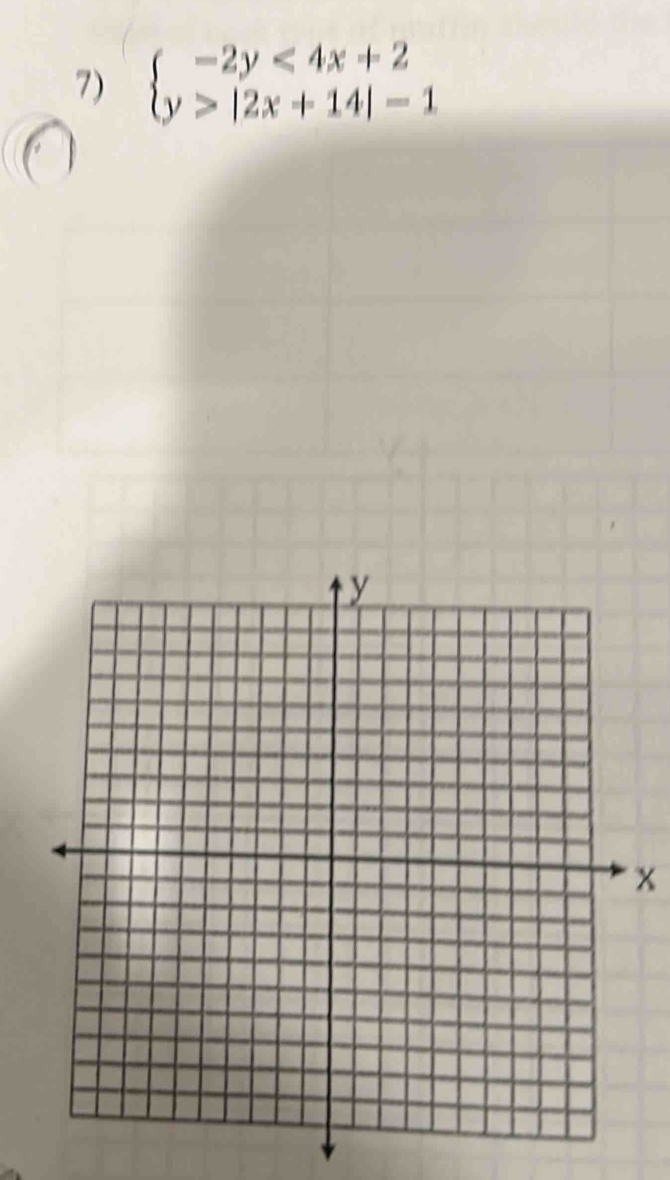 beginarrayl -2y<4x+2 y>|2x+14|-1endarray.
x