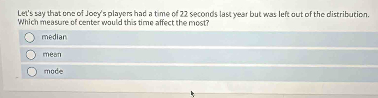 Let's say that one of Joey's players had a time of 22 seconds last year but was left out of the distribution.
Which measure of center would this time affect the most?
median
mean
mode